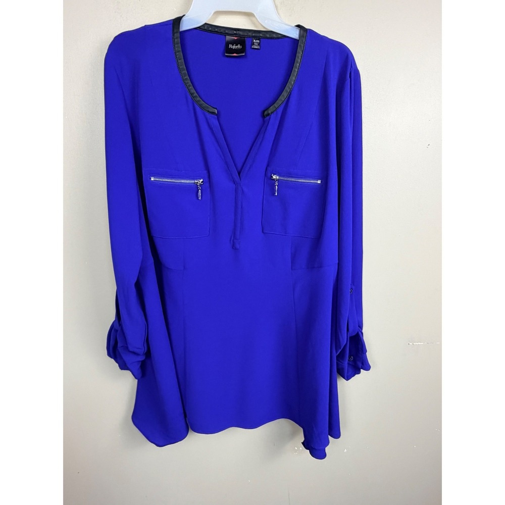 Rafaella Womens Royal Blue Faux Leather Trim Zipper Pocket Tunic Blouse XL